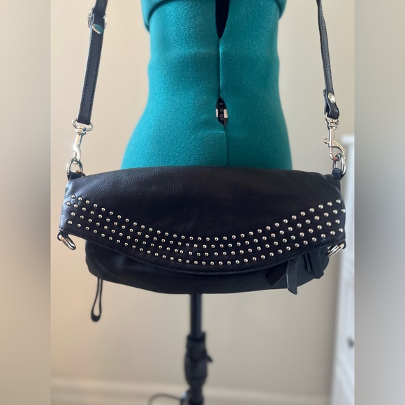 Genuine Leather Crossbody Purse/Clutch with Studs (3 Zippers, Black) - Picture 2 of 7